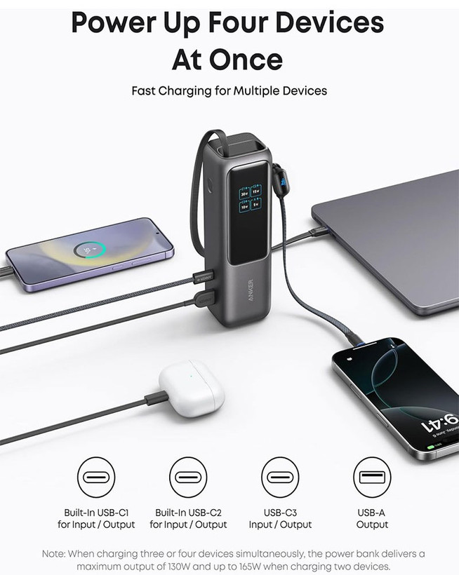 پاوربانک انکر 25000 میلی آمپر 165 وات پک گلوبال انگلیسی Anker Zolo PowerBank 25K 165W Built-In USB-C مدل A1695
