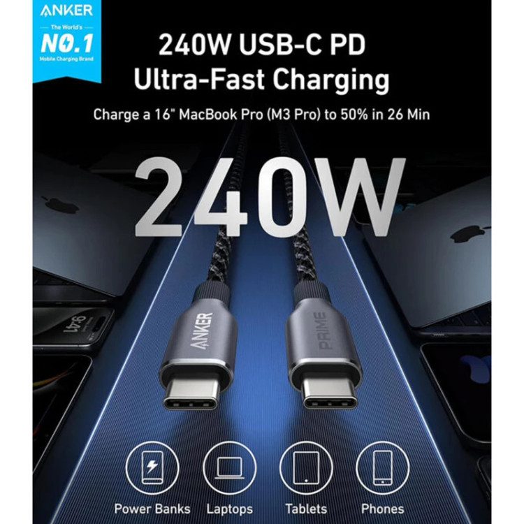 کابل شارژ 0.9 متری انکر مدل Anker Prime USB-C to USB-C Cable A88E2