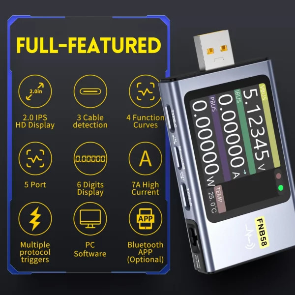 تستر فست شارژ USB (ولتاژ و جریان) FNIRSI مدل FNB58