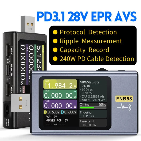 تستر فست شارژ USB (ولتاژ و جریان) FNIRSI مدل FNB58